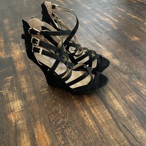 Black faux suede strappy wedge heel